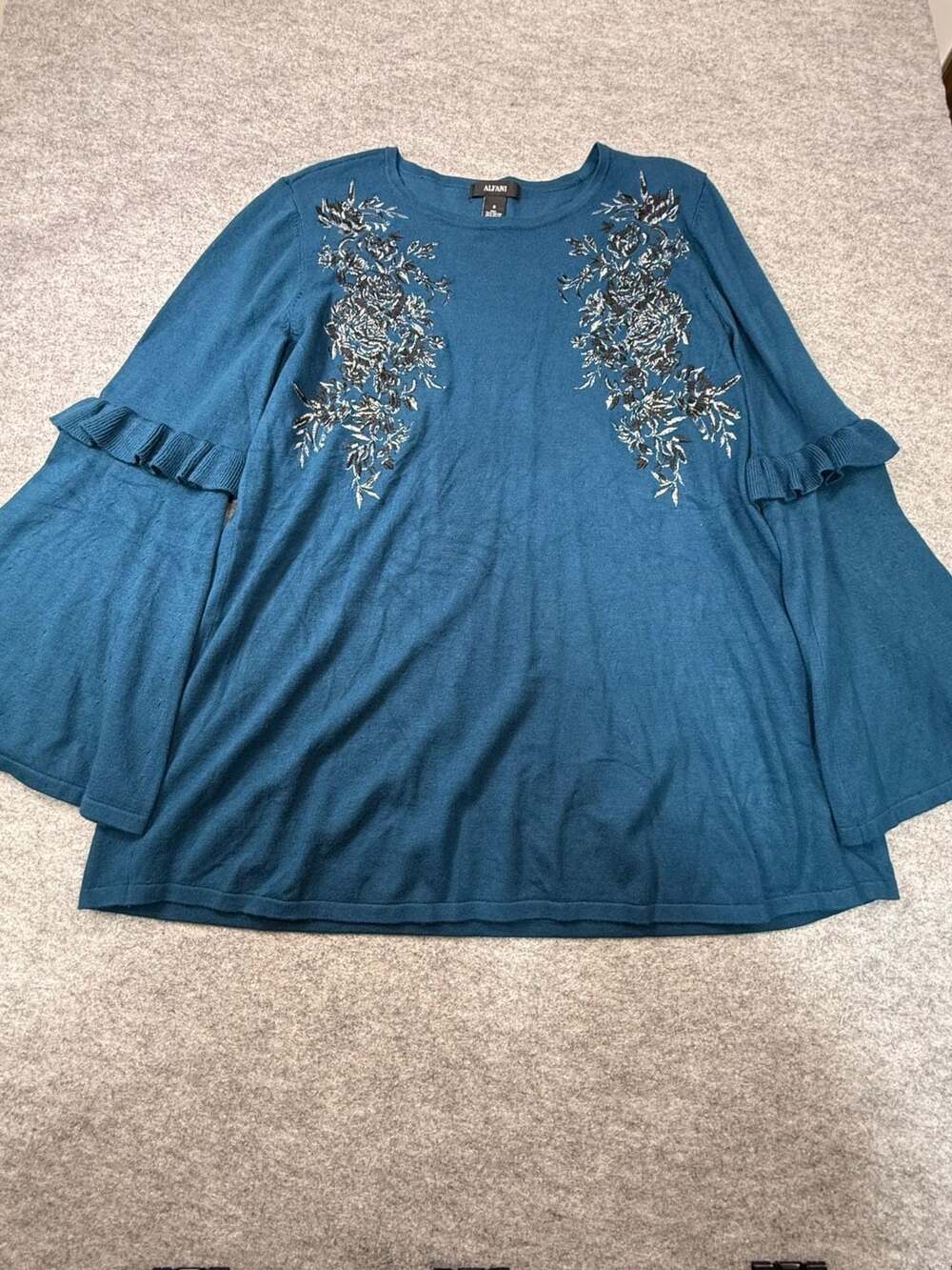 Alfani Women's Blue Embroidered Floral Bell Sleeve Sweater Size S